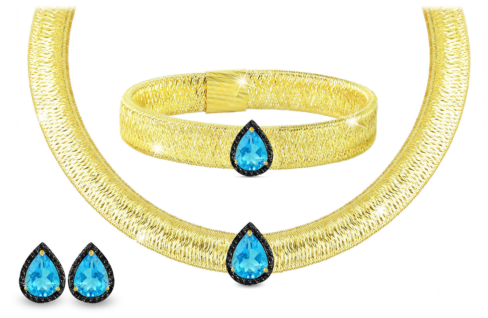 Vera Perla 18K Gold 0.48ct Black Diamonds, Topaz Jewelry Set - 3 pcs.